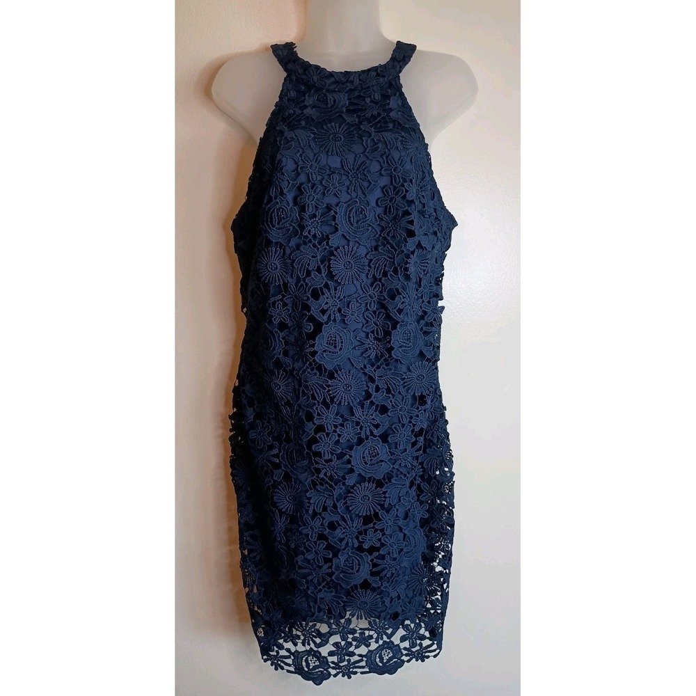 Lulus Love Poem Navy Lace Halter Mini Dress Floral Crochet Size S